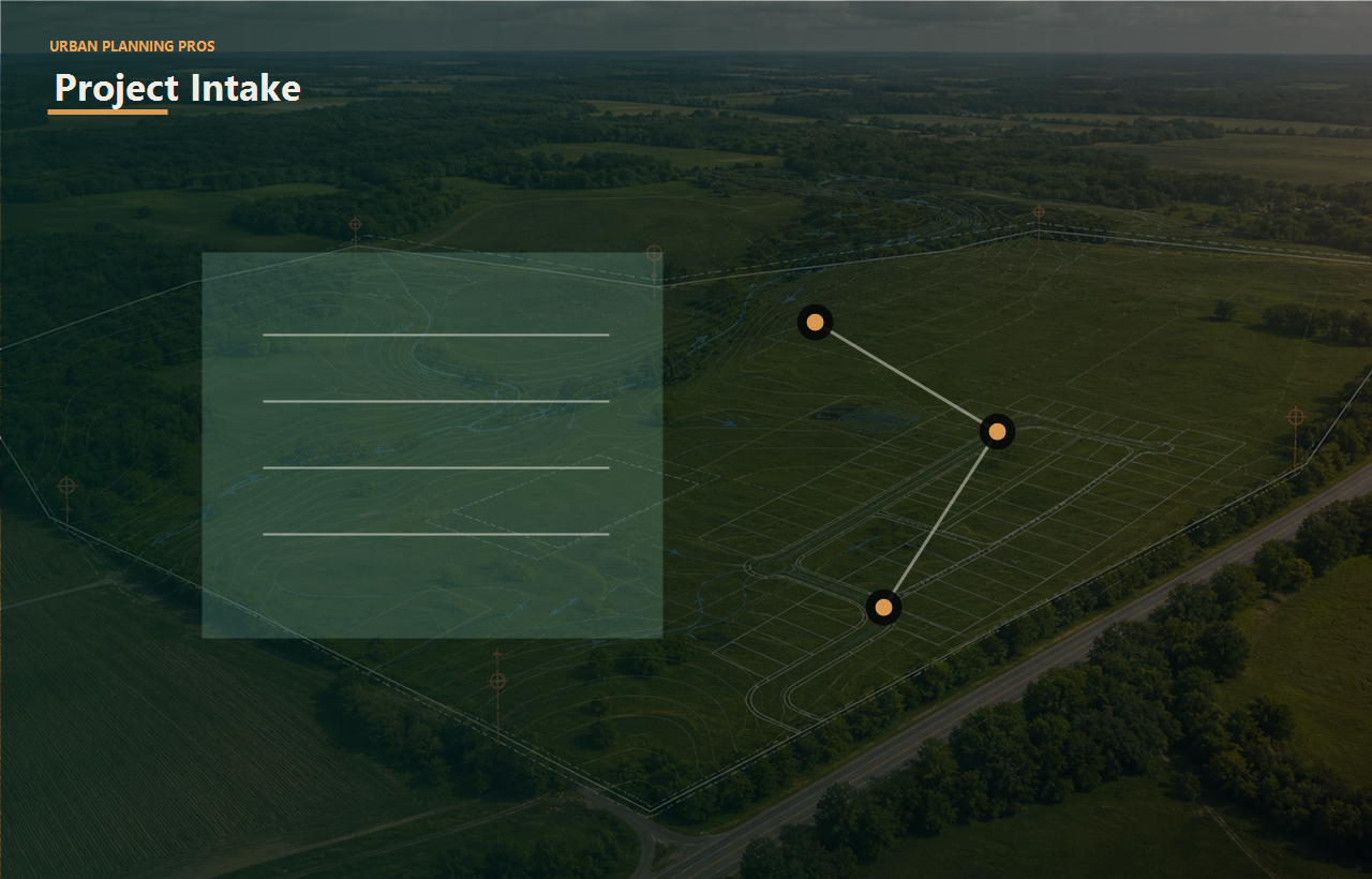 feasibility intake contact header image for Urban Planning Pros showing Project intake image with form and map-pin overlays