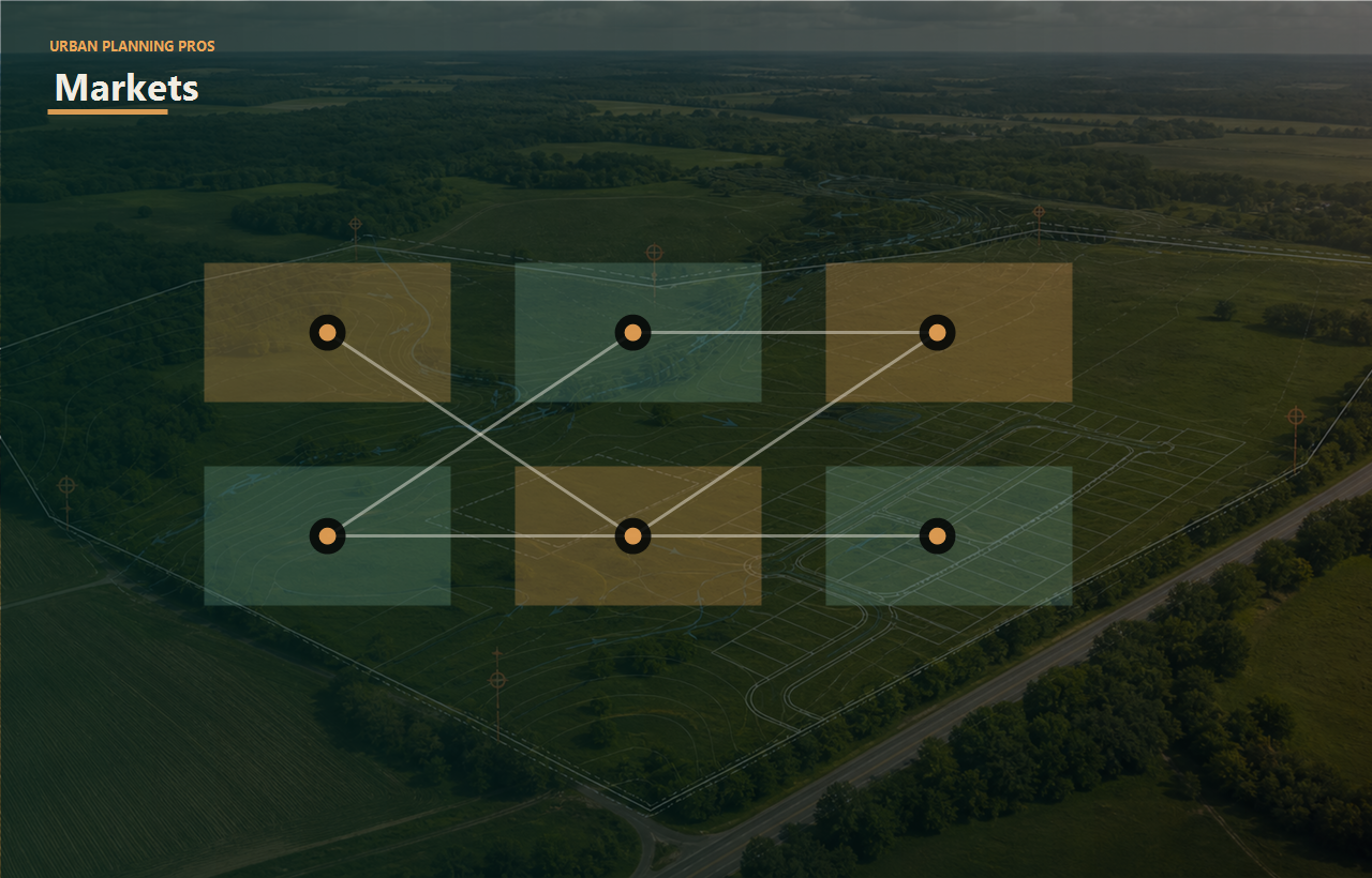 land planning services header image for Urban Planning Pros showing Markets image with land-use segment overlays