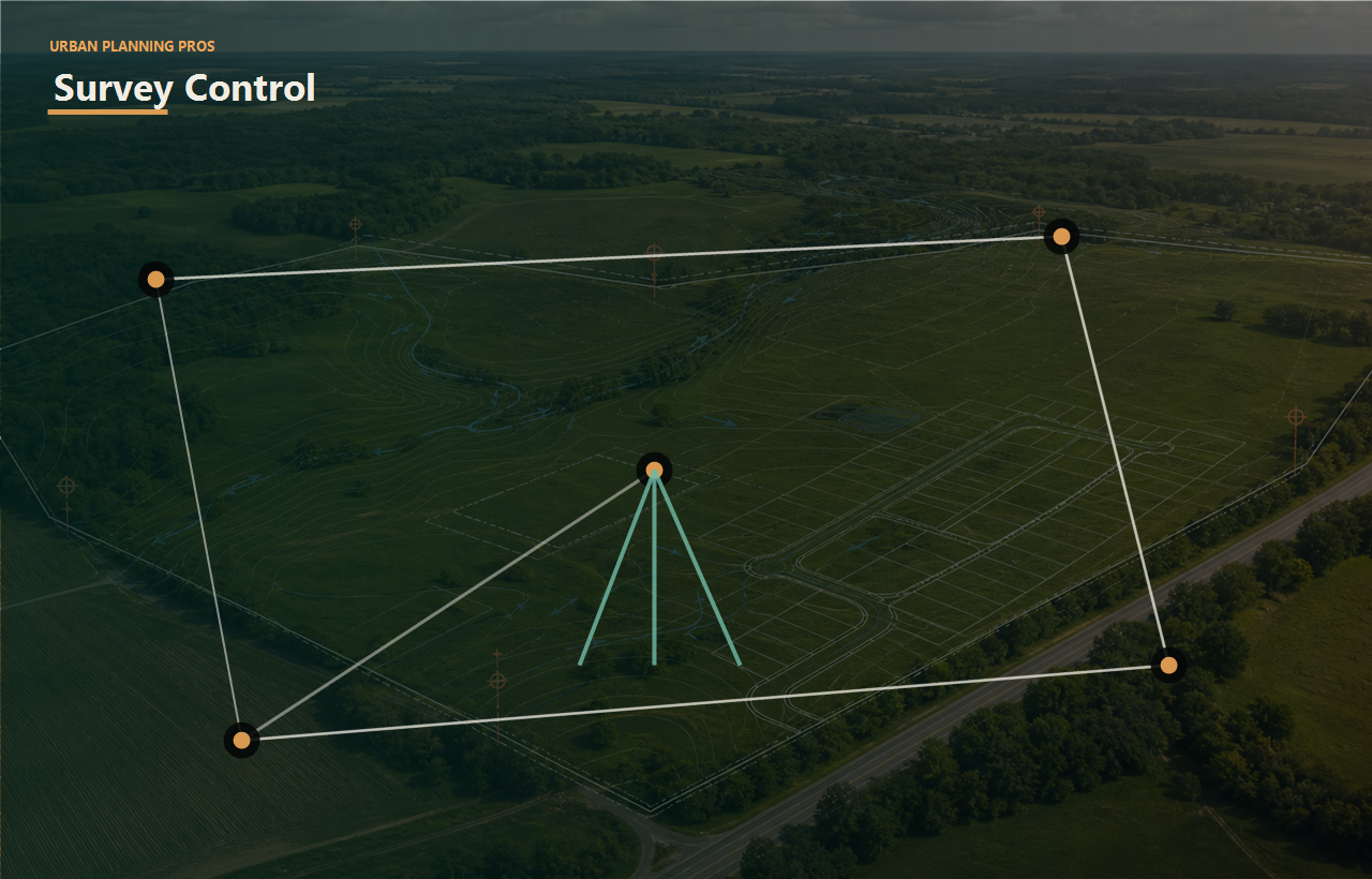 Surveying Services header image for Urban Planning Pros showing Surveying image with boundary lines and control points over land